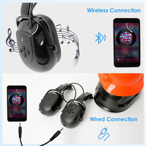 Heavy Duty Bluetooth Hard Hat Earmuffs With NRR 26Db Noise Cancelling Hearing Protection and Built In Mic, showcasing wireless and wired connections.