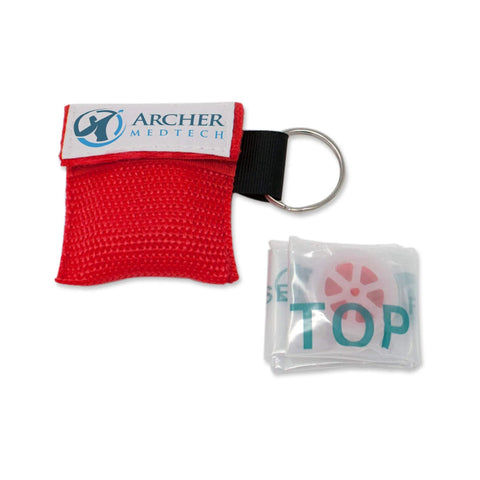 CPR mask kit in red fabric pouch with Archer MedTech label and metal key ring