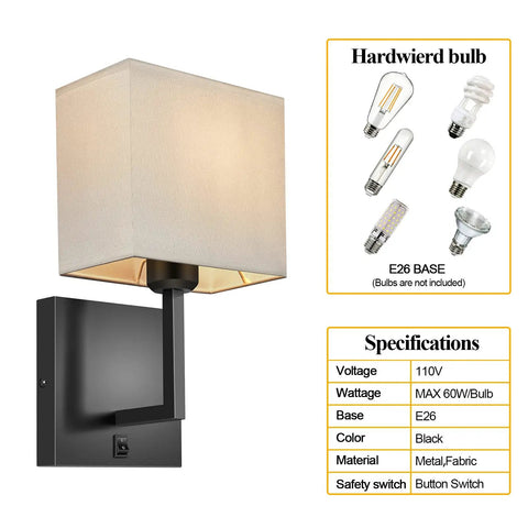Hardwired Modern White Fabric Wall Sconce Dual Switch On Off Indoor Lighting with specs and bulb types.