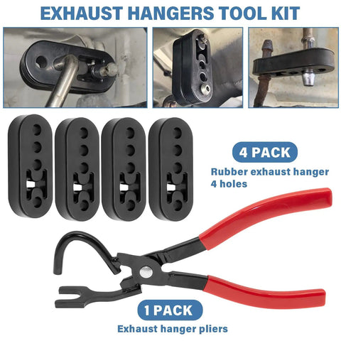 Exhaust Hanger Removal Pliers Set With 4 Hole Rubber Hanger Insulators Kit 5 Pieces Auto Repair Tool No Fuss For Removing And Replacing Muffler Hangers Universal Fit showing components.