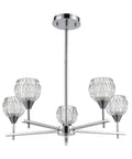 Five-Light Glass Crystal Chandelier In Polished Chrome 24 Inch Wide Hardwired Ceiling Mount Fixture With Dazzling Deep-Ridged Crystal Shades For Bright Modern Dining Room Vibe, frontal view.
