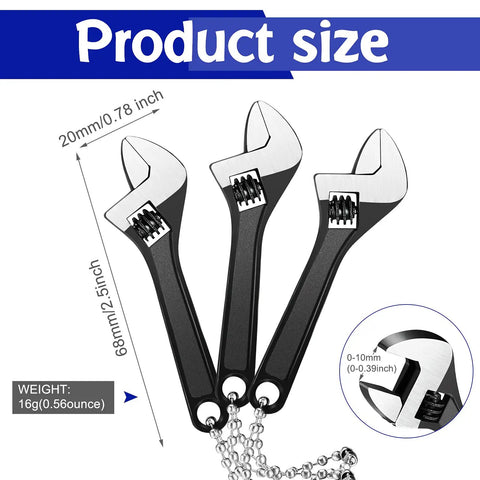 Three Piece Mini Adjustable Wrench Set With Knurl Wide Jaw, Pocket Hand Spanners And Micro Wrenches, size details and chain
