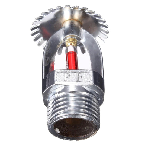 Four Pack Upright Fire Sprinkler Heads Featuring One Half Inch Npt Threading Top Shelf Chrome Copper Construction K80 Coefficient one visible sprinkler head with red bulb.