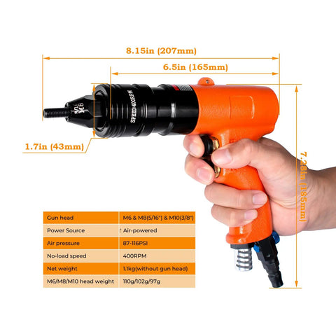 Pro Grade Pneumatic Rivet Nut Tool Kit With Quick Change Gun Head held in hand, dimensions and specs displayed