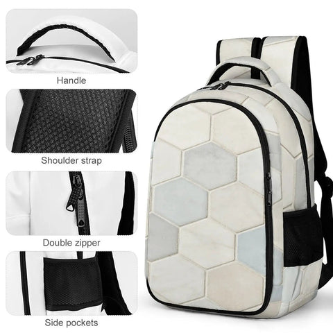 Neutral Marble Hexagon Tile Texture Printed Unisex Backpack with Large Capacity showing handle and pockets