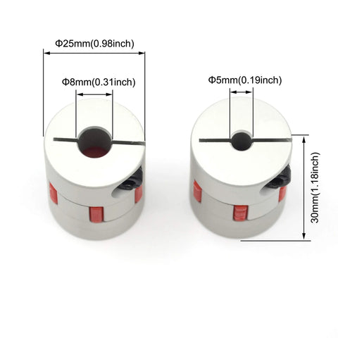 Two silver aluminum shaft couplers with 5-8 mm bores, D25 L30, for 3D printers CNC servo motors