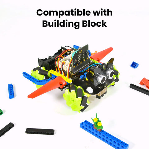 Microbit V2 4WD Robot Car Kit with Mecanum wheels and sensor, compatible with building blocks for STEM projects.