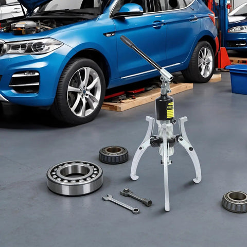 Heavy Duty 20 Ton Hydraulic Bearing Puller Kit For Mechanics Features Two Or Three Jaw Remover Built From Rust Resistant Steel Integrated Pump Hose System Designed To Remove Stuck Parts Fast Without Breaking Anything For Real Mechanics And Shop Work, shown with bearings and tools in an auto shop