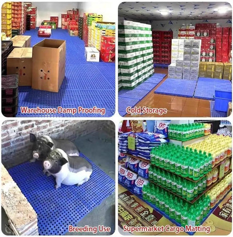 Lightweight Plastic Pallet Interlocking Storage System With Breathable Grid Design used in various settings like warehouse and farm.