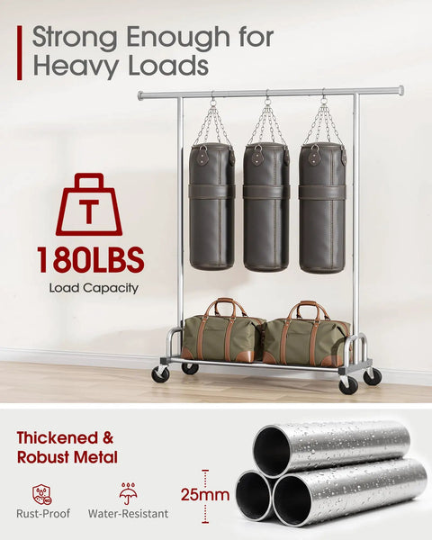 Heavy Duty Metal Clothes Rack With Sure Grip Lockable Wheels, Extendable Rod To Max Out Your Storage, Holds Every Fit You Own, Sleek Silver Design Keeps Small Bedrooms Or Entryways Clutter Free with three hanging bags.