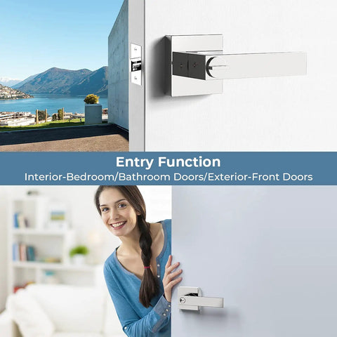 Three Piece Door Knob Set With Lock And Key In Polished Chrome on indoor and outdoor doors, modern bed bath exterior entry levers.