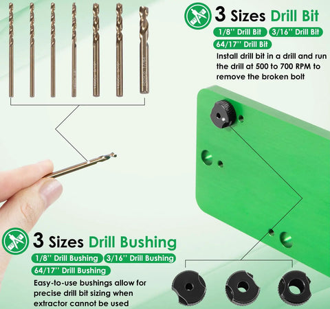 3 sizes of drill bits and bushings for heavy duty template kit to effortlessly rip striped or snapped exhaust bolts in Dodge 5.7L Hemi.