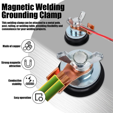 Pro Grade Magnetic Grounding Welding Clamp With Adjustable Magnet close-up showing copper wires and suction base attachment.