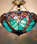 Green Liaison Tiffany Style Stained Glass Ceiling Light Fixture Semi Flush Mount Lamp With 16 Inch Shade And 15 Inch Height