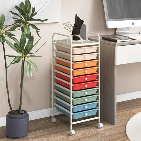 Rolling Utility Cart With Ten Drawers, Lockable Wheels, Easy Grab Handles, and Mega Mobility for home office storage