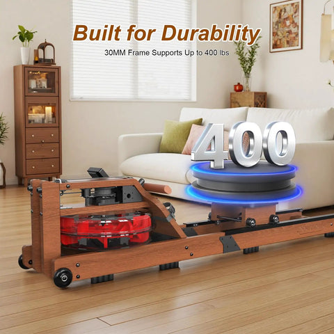 Water Rowing Machine For Home Gym With Wooden Frame And 400 Lbs Capacity shown in a living room setting