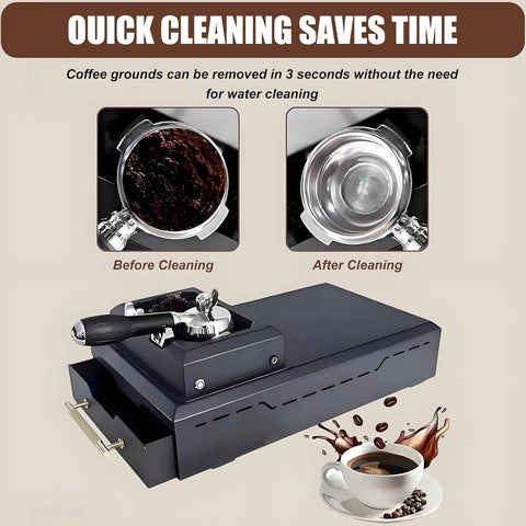 Heavy Duty Electric Portafilter Cleaner For 58mm Espresso Shops Automatic Coffee Grounds Knock Box showing before and after cleaning.