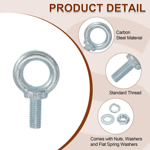 Five Pack M10 Galvanized Carbon Steel Eye Bolts Kit With Nuts And Washers For Heavy Duty Tie Downs Indoors Outdoors Lifting Ring Type Eye Bolts Three Eighths Inch By Nearly One Inch Ring Inner 21mm Outer 36mm Silver, with nut and washer details