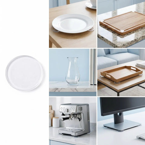 Clear Glass Table Top No Slip Pads 48Pcs Self Adhesive Rubber Bumpers 20mm By 2mm shown on various surfaces and items.