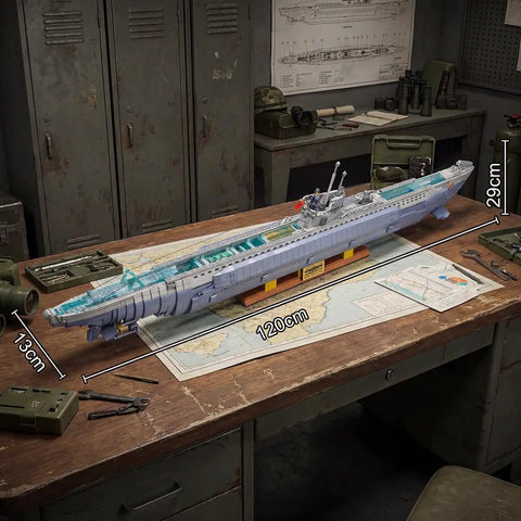 Epic WW2 U Boat Submarine Model Kit For Adults With 6172 Pieces displayed on workbench, 120cm in length, detailed military design.
