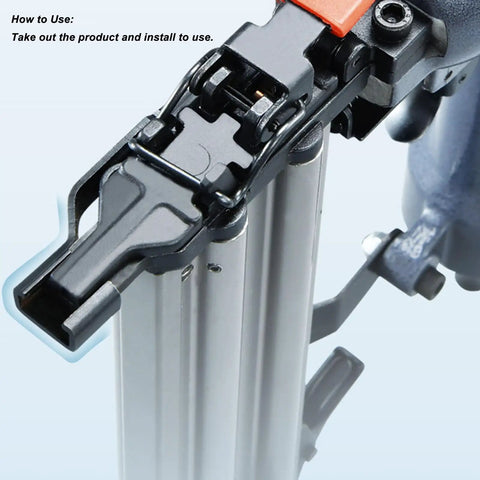 Close-up of the loading mechanism on the Straight Shooting Pneumatic Brad Nailer And Air Stapler 2 In 1 design for easy use.