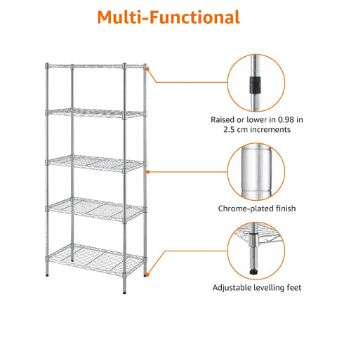 Heavy Duty Five Shelf Adjustable Storage Shelving Rack For Garage And Workshop featuring chrome-plated finish and adjustable leveling feet.