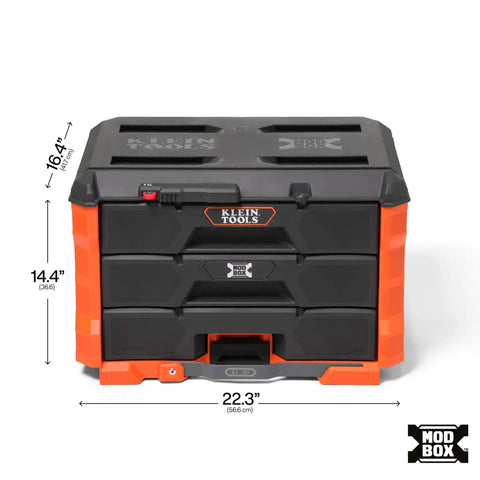 Bombproof 3 Drawer Tool Organizer Stackable Storage Bin With Swivel Adjustable Dividers And 50 Pound Rating front view with dimensions.