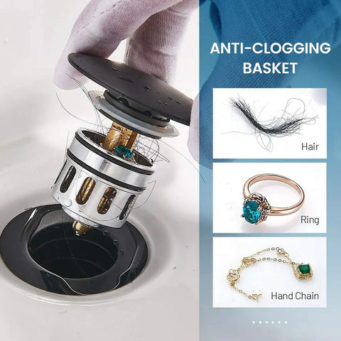 Heavy Duty Matte Black Vessel Sink Drain Stopper With Overflow And Built In Hair Catcher Stops Pesky Clogs Cold And Fits Standard American Sizes For Mess Free Bathrooms Daily in use with collected hair.