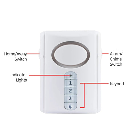 Wireless Alarm With Programmable Keypad For Home Security Four Digit Code To Arm Or Disarm Door Open Alert with labeled features.