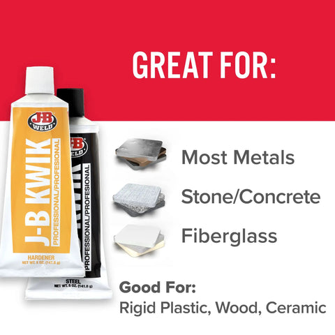KwikWeld Pro Size Steel Reinforced Epoxy Twin Pack 10 Oz Fast Setting Two Part Adhesive For Metal Repair use on metals, concrete, plastic.