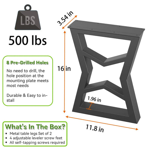 Black Metal Table Legs Set 28 Inch High By 24 Inch Wide, H Shape Design, Heavy Duty Steel, Pre Drilled Holes, Shelf Support