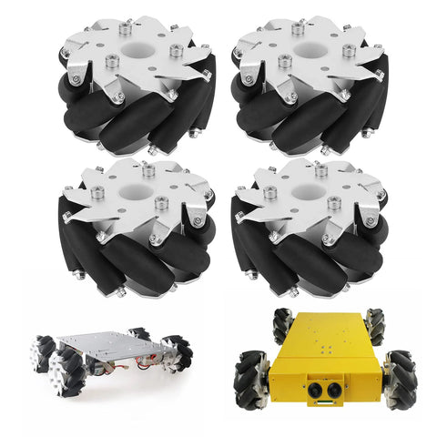Four 100mm Mecanum Wheels for Robots with steel aluminum frames and rubber rollers, ideal for omni-directional movement in robotic vehicles