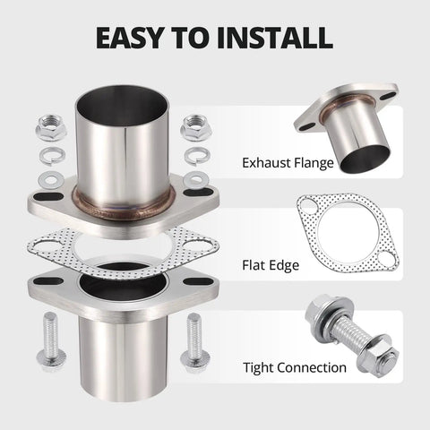 Beefed Up Two Bolt Exhaust Flange Repair Piping Kit Built With Tough As Nails 304 Stainless Steel showing exhaust flange, gasket, and hardware.