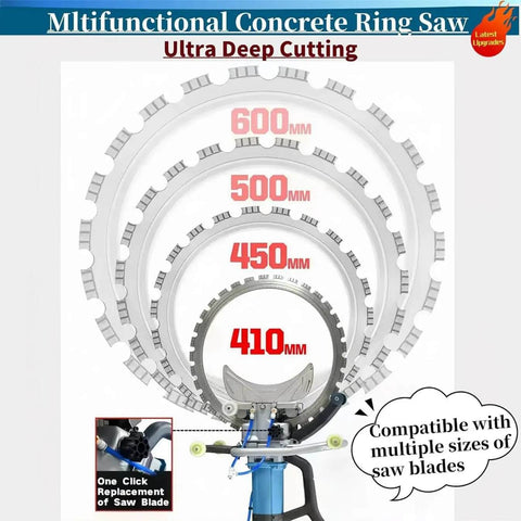 Straight Shooting 8800W Electric Concrete Saw And 270mm Circular Groove Chaser Rig Featuring Water Fed Dust Knockdown Kit For Brick Granite Marble Cutting with multiple sized saw blades displayed.
