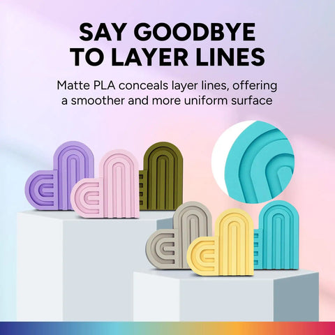 Top Notch Matte PLA Filament 2KG Spool Knocks It Out Of The Park With A Sleek Frosted Surface, colorful layered 3D prints on display.