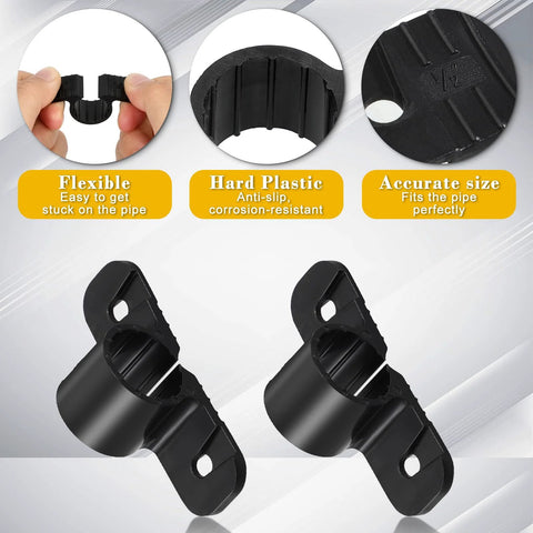 Front view of two black 1/2-in PEX pipe clamps with mounting flanges for suspending pipes.