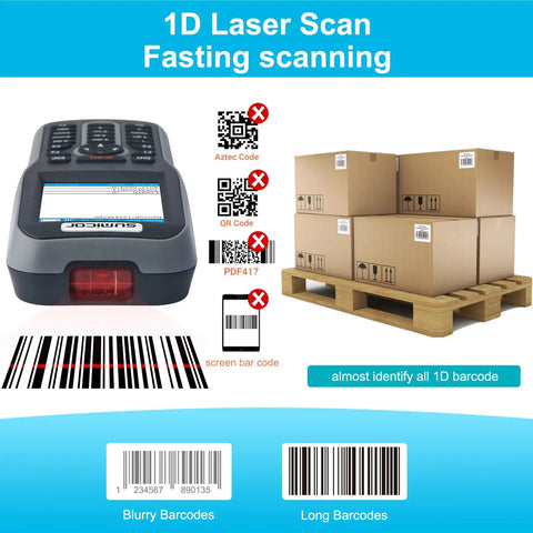 Laser Wireless Barcode Scanner 2.4G For Inventory And Stock Tracking next to scanned barcodes and boxes on a pallet