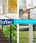 Black QuickLock Deck Wire Railing Kit with T316 stainless steel tensioners on wood posts, shown in various applications