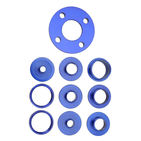 10 Piece Router Template Guide Bushing Set Machined From Robust Aluminum Alloy With Secure Lock Nuts arranged in blue.