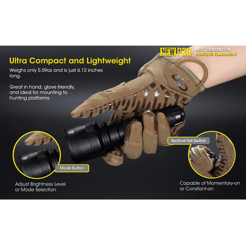 Gloved hand holding a 1000 Lumen Long Throw Hunting Flashlight Reaches 676 Yards With Turbo Power, showing tactical tail switch and mode button.