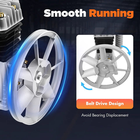 Heavy Duty 2HP Air Compressor Pump Head belt drive design, aluminum piston, ensuring smooth running and avoiding bearing displacement.