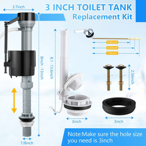 3 Inch Adjustable Flush Valve Kit featuring flapper and fill valve; includes rubber gasket for quick toilet tank repairs.