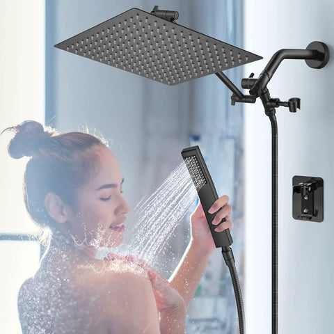 All Metal Dual Shower Head Combo With 12 Inch Rainfall Shower Head And Handheld, Matte Black Finish, woman using handheld sprayer