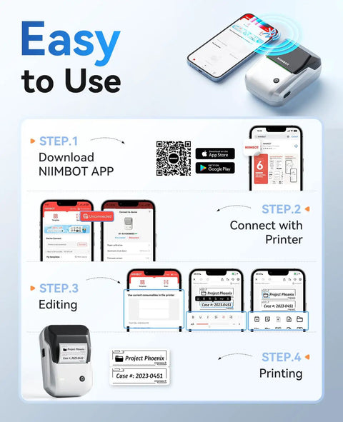Wireless Bluetooth Label Printer For Home Organization 2 Inch Compact Sticker Maker App Connected Seamless Sync For Smartphone Or Laptop showing easy setup steps.