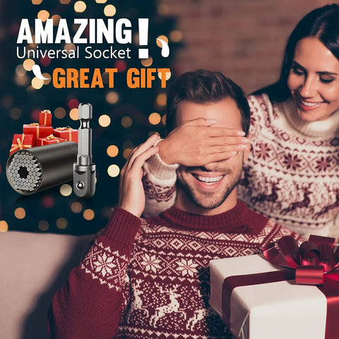 Smiling couple with wrapped gift and Ultimate Universal Socket Set With Power Drill Adapter Gift For Men Who Have Everything