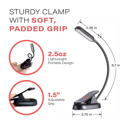 Sleek Rechargeable Clip On Book Light Blocking Blue Light With Amber And Red Led Stepless Dimming For Late Night Reads showing clamp details.
