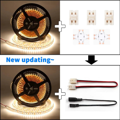 Warm White LED Strip Lights 16.4ft 120 LEDs Per Meter 1000 LM Per Meter 9.6 W Per Meter 2700K Dimmable Cuttable Connectable ETL Listed Indoor Under Cabinet Lighting 12V 2835 90+ CRI Power Supply Not Included, showing reels and connectors.