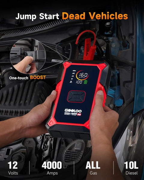 Person using 4 In 1 Jump Starter With Air Compressor And Tire Inflator, 4000A Car Battery Booster on a car engine
