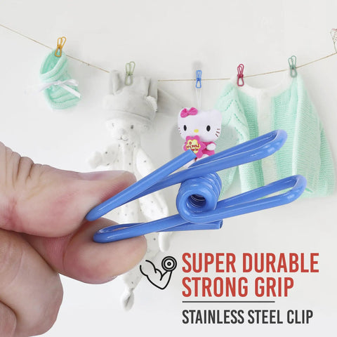Dope Assorted Bag Clips Set, Solid 30 Pack PVC Food Sealer, Nifty Packet Locks, holding a blue clip against a colorful backdrop.