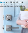 Keyless Front Door Smart Lock With WiFi Bridge 5 In 1 Entry, on blue door, metal handle, anti-peep keypad visible.